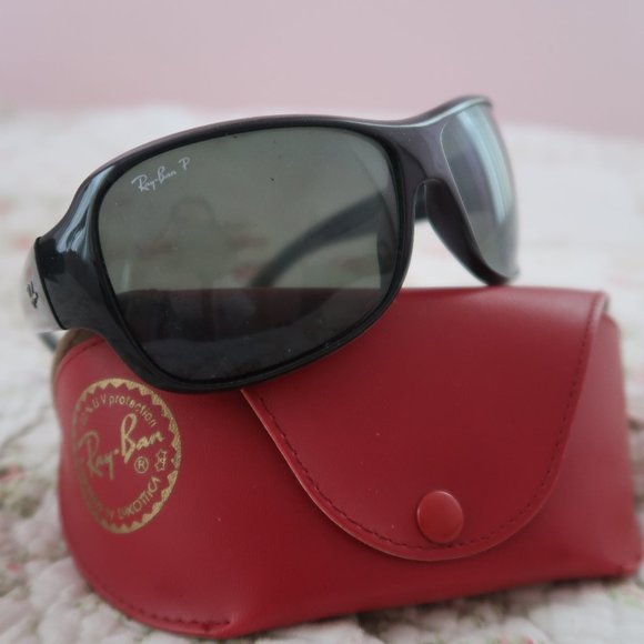 Polarized Ray-Ban Black Wrap Rectangle Sunglasses Red Case RB 4097 601/9A 3P - Picture 1 of 3